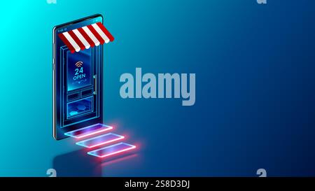 Application de boutique en ligne sur le concept de téléphone à l'écran. Smartphone transformé en boutique en ligne ou boutique. Marché en ligne, e-commerce. Supermarché smartphone d'achat Illustration de Vecteur