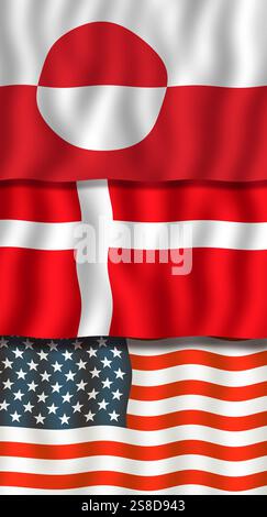 Drapeaux flottants du Groenland, du Danemark et des États-Unis. Image conceptuelle de l'indépendance du Groenland ou de son affiliation à d'autres états. Banque D'Images