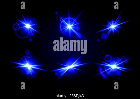 Collection Glint Glare avec des effets lumineux de néon lumineux - étoiles brillantes avec des étincelles magiques, des reflets de lentille et des faisceaux lumineux. Surlignage bleu activé Illustration de Vecteur