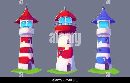 Ensemble de phare de dessin animé - balises rayées rouges et bleues avec toits pointus, ponts d'observation en verre, fenêtres lumineuses. Tours de navigation maritime Illustration de Vecteur