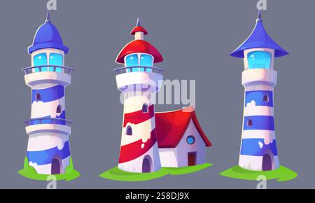 Phare de dessin animé pour la conception de jeux maritimes - balise rayée blanche, rouge et bleue avec fenêtres incandescentes et ponts d'observation. Bâtiment du port avec confortable Illustration de Vecteur