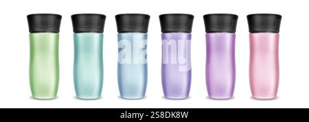 Gobelets avec forme incurvée et couvercles noirs aux couleurs pastel. Élégante collection de verres avec finition métallisée lisse et silhouette ergonomique. 3D. Illustration de Vecteur