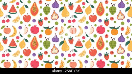 Motif sans couture de fruits. Différents fruits et baies. Vitamines organiques et nutrition saine. Conception plate. Vecteur Illustration de Vecteur