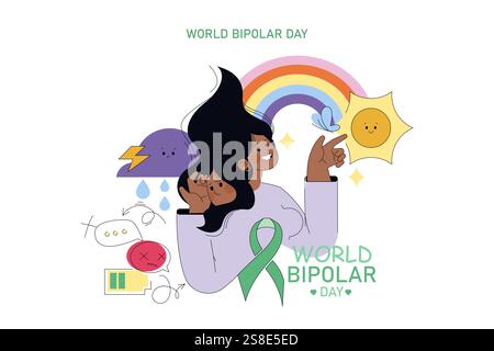 Concept de la Journée bipolaire mondiale. Illustration mettant en valeur la conscience avec une femme, icônes symboliques pour les sautes d'humeur. Soutien à la santé mentale. Illustration vectorielle. Illustration de Vecteur