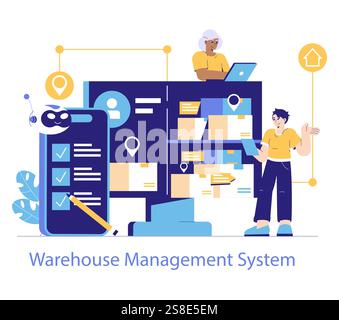 Concept d'automatisation logistique. Système de gestion d'entrepôt efficace avec robotique et travailleurs utilisant des outils numériques. Organisation et suivi des stocks. Illustration vectorielle. Illustration de Vecteur