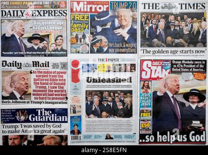 21 janvier 2025. Une sélection de titres de journaux britanniques après l'investiture de Donald Trump en tant que 47e président des États-Unis le 20 janvier 2025. Banque D'Images