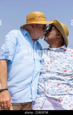 Couple gay senior dans une étreinte tendre, chacun portant des chapeaux de paille et des lunettes de soleil sous un ciel bleu clair. Leur baiser affectueux capture leur amour re Banque D'Images