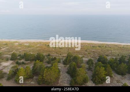 Vue aérienne de la côte estonienne : dunes de sable, forêt de pins et mer Baltique. Banque D'Images