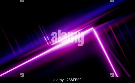Ce rendu 3D met en valeur des faisceaux intenses et dynamiques de lumière violette et bleue, qui se croisent dans un cadre sombre et atmosphérique. L'image abstraite capture le Banque D'Images