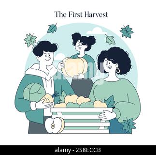 Concept de moments de vie. Un groupe joyeux de personnes célèbre la première récolte, partageant un rendement abondant de fruits. Abondance communautaire et agricole. Illustration vectorielle. Illustration de Vecteur