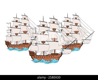 Couleur dessinée à la main trois voiliers avec plusieurs mâts et gréement détaillé. Style d'esquisse de vaisseau nautique. Parfait pour les conceptions nautiques ou hist Illustration de Vecteur