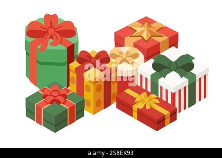 Plusieurs boîtes-cadeaux aux couleurs vives rouge, vert et jaune avec papier d'emballage à motifs et noeuds décoratifs. Les boîtes sont groupées étroitement. Vecteur illu Illustration de Vecteur