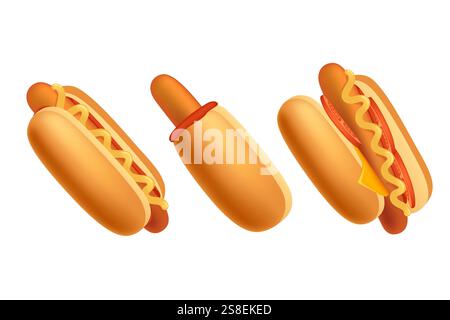 Délicieux chiens de maïs, hot-dogs. Idéal pour les menus de restauration rapide, les promotions de collations, pour l'emballage alimentaire. Illustration vectorielle isolée sur fond blanc. Illustration de Vecteur