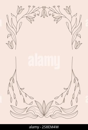 Cadre floral rétro avec éléments de design botanique dans un style ondulé et naïf. Présente des feuilles d'inspiration bohémienne et des branches en fleurs Illustration de Vecteur