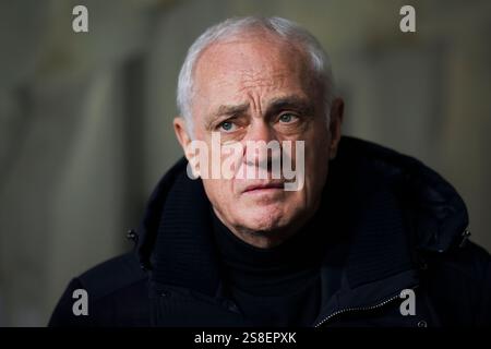 Bergame, Italie. 21 janvier 2025. Antonio Percassi regarde avant le match de football de la phase de ligue de l'UEFA Champions League 2024/25 entre Atalanta BC et SK Sturm Graz. Crédit : Nicolò Campo/Alamy Live News Banque D'Images