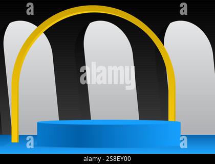 Simple affichage de produit abstrait jaune, bleu, blanc et noir. Salle 3D vectorielle réaliste, podium de piédestal de cylindre. Présentez la vitrine pour la présentation. Fu Illustration de Vecteur