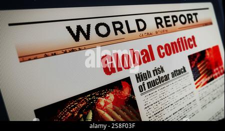 Conflit mondial guerre mondiale III lecture quotidienne du journal sur l'écran d'ordinateur tablette mobile. Écran tactile avec les titres nouvelles concept abstrait 3d illustrati Banque D'Images