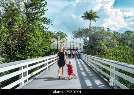 Les visiteurs visitent le Ernest F. Coe Visitor Center dans le parc national des Everglades, Floride, États-Unis. Banque D'Images