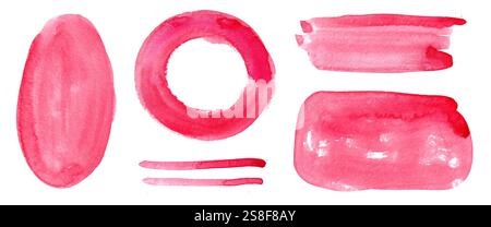 Formes abstraites d'aquarelle rouge comprenant un cercle, un ovale et des traits sur fond blanc. Textures de pinceau vibrantes idéales pour les designs créatifs et les artistes Banque D'Images
