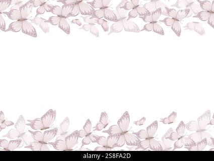 Cadre papillon aquarelle sans couture dans des couleurs rose pastel pour des cartes de voeux enfantines ou des invitations de mariage. Bordure pour modèles de douche de bébé. Motif floral mignon pour les filles. Banque D'Images