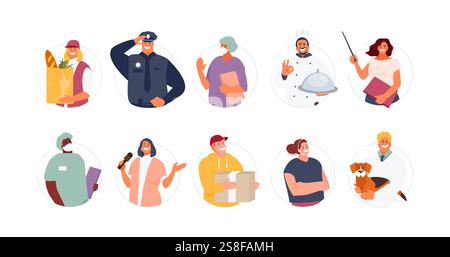 Ensemble de personnes de différentes professions vecteur. Collection de vecteurs de la fête du travail. Courrier, policier, enseignant, médecin, vétérinaire, journaliste, cuisinier, appeler Illustration de Vecteur