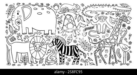 Une page de coloriage de jungle ludique mettant en vedette une variété d'animaux comme l'éléphant, le lion, la girafe, et plus, entouré de la flore et de la faune, parfait pour c Illustration de Vecteur