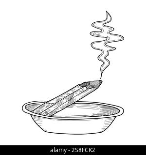 Dessin au trait de l'encens palo santo brûlant dans un bol avec de la fumée qui coule, représentant la paix, la pleine conscience et le bien-être dans le spirituel ou la relaxation-focu Illustration de Vecteur