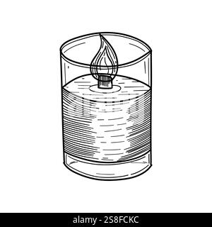 Dessin au trait simple d'une bougie incandescente dans un support en verre. Idéal pour un décor confortable, des intérieurs minimaux ou des environnements de détente avec une ambiance chaleureuse et paisible. Illustration de Vecteur