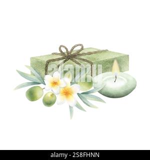 Savon d'alep olive, bougie, branche d'olivier et fleurs de plumeria. Illustration isolée à l'aquarelle dessinée à la main du produit cosmétique écologique et de l'aromathérapie. Produit écologique pour le bain se détend, design spa. Banque D'Images