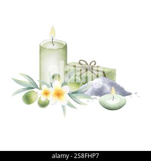 Savon d'olive d'alep, bougies, sel de mer, branche d'olivier et fleurs de plumeria. Illustration isolée à l'aquarelle dessinée à la main de cosmétique de soins du corps. Produit biologique écologique pour le bain relaxant et le design du spa. Banque D'Images