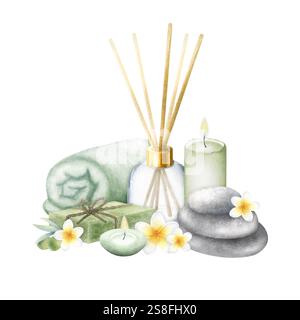 Diffuseur d'arôme, savon d'alep olive, bougies, pile de cailloux, serviette, olives et fleurs de plumeria. Illustration isolée à l'aquarelle dessinée à la main de produits biologiques écologiques de soins du corps pour la conception de spa. Banque D'Images