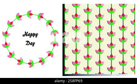 Cadre de cercle de symbole de fleur, kit de modèle sans couture. Couleurs rouge rose vert. Design de style de dessin animé géométrique décoratif, jolie bordure isolée festive, web Illustration de Vecteur