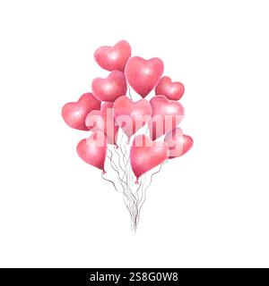 Saint-Valentin, ballons en forme de coeur illustration aquarelle aquarelle illustration ensemble de coeurs rouges peints à la main éléments isolés parfaits pour les vacances Banque D'Images