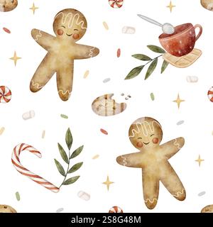 Motif aquarelle homme en pain d'épice, bonbons, sucettes, biscuits à l'avoine. Illustration dans le style du nouvel an des enfants. Imprimé de Noël sur blanc Banque D'Images
