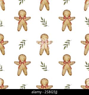 Aquarelle sans couture motif homme en pain d'épice du nouvel an dans un arc parmi les feuilles vertes. Illustration de Noël est dessinée à la main sur un fond blanc pour Banque D'Images