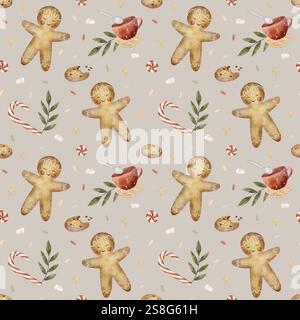 Motif aquarelle homme en pain d'épice, bonbons, sucettes, biscuits à l'avoine. Illustration dans le style du nouvel an des enfants. Imprimé de Noël sur moka Banque D'Images