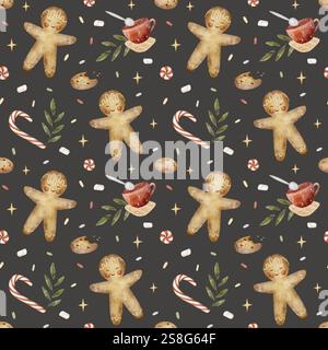 Motif aquarelle homme en pain d'épice, bonbons, sucettes, biscuits à l'avoine. Illustration dans le style du nouvel an des enfants. Imprimé de Noël sur gris foncé Banque D'Images