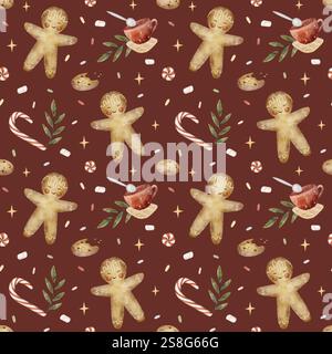 Aquarelle sans couture motif pain d'épice homme, bonbons, sucettes, biscuits à l'avoine. Illustration dans le style du nouvel an des enfants. Imprimé de Noël sur Bordeaux Banque D'Images