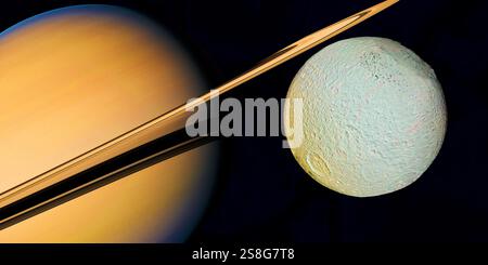 Téthys est l'une des nombreuses lunes de la planète Saturne et est petite et rocheuse avec de nombreux cratères d'impact. Banque D'Images