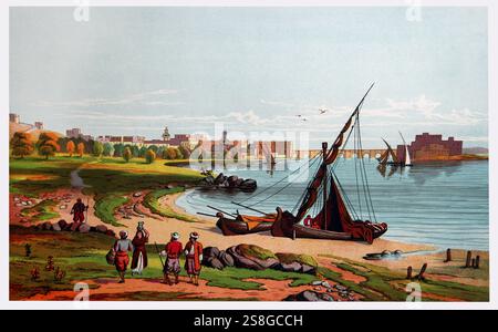 Illustration d'un navire sur la côte de Sidon avec le château des croisés derrière Un lieu biblique où Jésus-Christ a visité à partir de l'Antiquité 19ème siècle th Banque D'Images