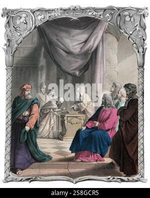 Illustration de l'acarien de la veuve Jésus Christ avec ses disciples en face du Trésor témoin de la veuve offrant deux pièces de monnaie de l'édition 1850 de F Banque D'Images