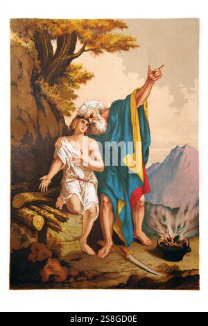 Le procès de la foi d'Abraham - Abraham offrant Isaac de l'Antiquité 19ème siècle la Bible de famille illustrée nationale - la Sainte Bible avec commentaire Banque D'Images