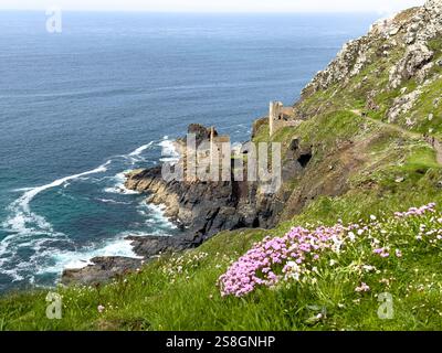 Les restes de deux mines d'étain à Botallack sur le bord de la falaise en Cornouailles, Royaume-Uni Banque D'Images