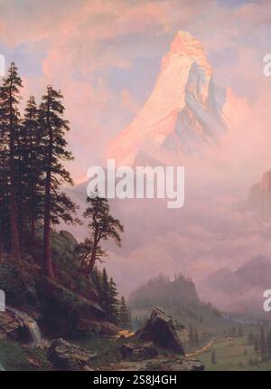 Vue spectaculaire du Cervin, l'artiste a représenté le sommet encerclé de nuages au loin, juxtaposé de façon frappante avec un premier plan bas et rocheux. Banque D'Images