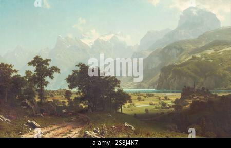 La peinture de Bierstadt offre une vue panoramique sur le lac de Lucerne avec le village de Brunnen à mi-chemin et les sommets alpins Ematten, Oberbauen. Banque D'Images
