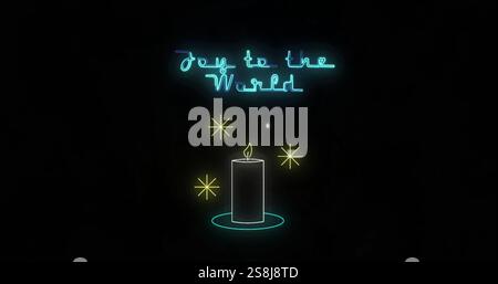 Image de joie néon au texte du monde et bougie sur fond noir Banque D'Images