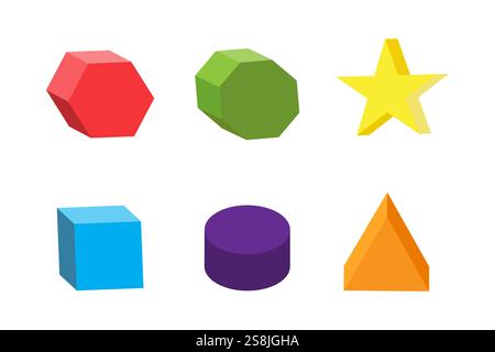 Formes 3D colorées. Ensemble de polygones géométriques. Triangle de cylindre cube étoile. Graphique vectoriel lumineux. Illustration de Vecteur