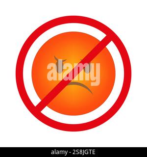 Pas d'emoji en colère. Symbole de visage interdit. Cercle d'interdiction rouge. Panneau d'avertissement vectoriel. Illustration de Vecteur