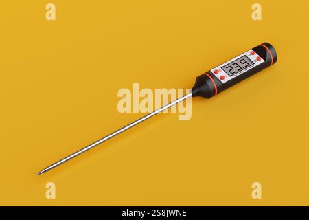 Thermomètre numérique de cuisson des aliments avec sonde sur fond jaune. Rendu 3D. Banque D'Images