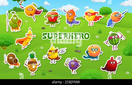 Autocollants pack de personnage de dessin animé de fruit de super-héros. Super-héros volant ou guerrier avec lance et arc fruits tropicaux vecteur personnages autocollants avec Illustration de Vecteur